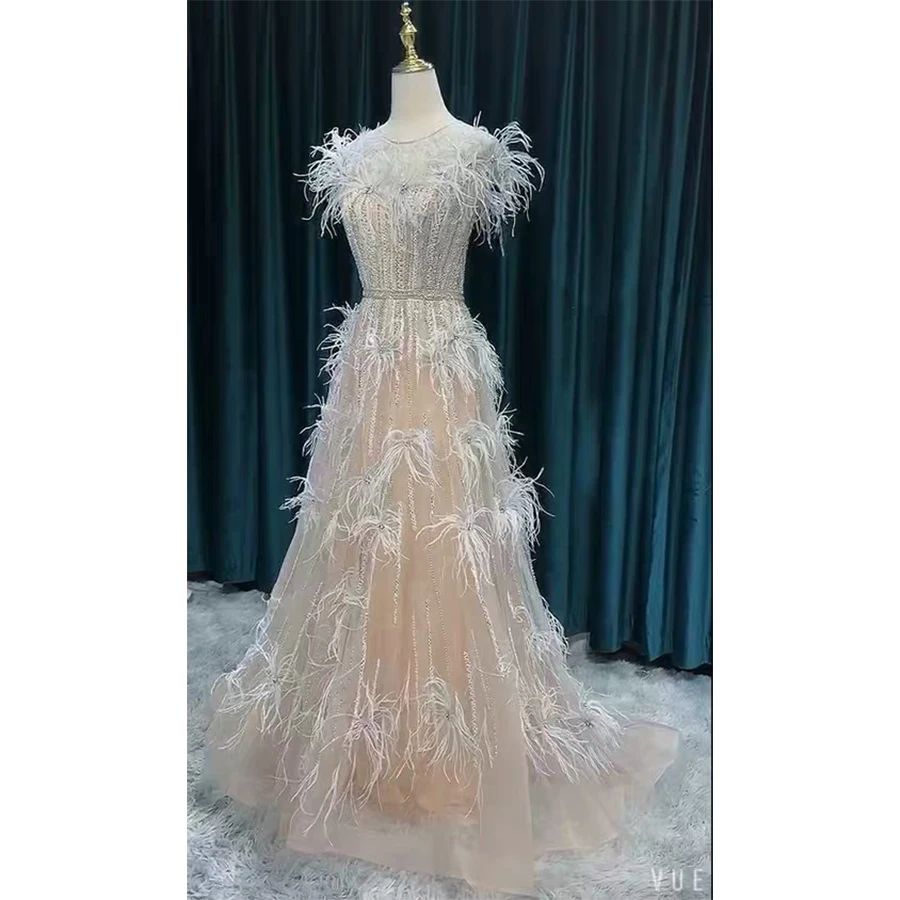 Luxury Elegant Evening Dresses 2020 For Women Sleeveless Feathers Beading A-Line Sexy Sleevless Crystal Handmade Formal Party Go