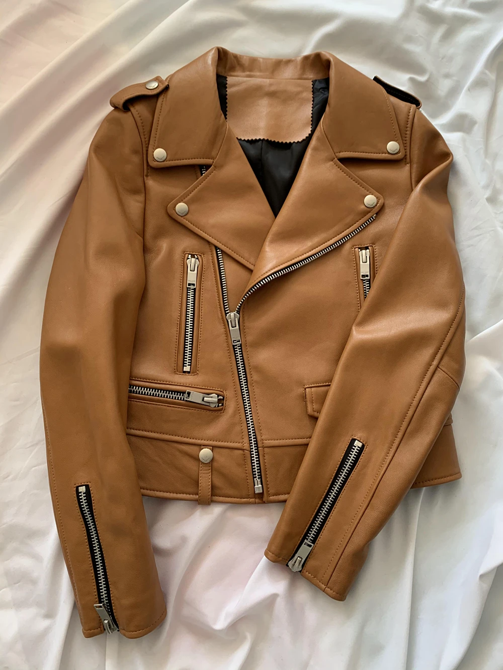 European New Vegetable Tanned Sheepskin Classic Locomotive Korean Slim Short Leather Jacket All-match Long-Sleeved Brown Jacket