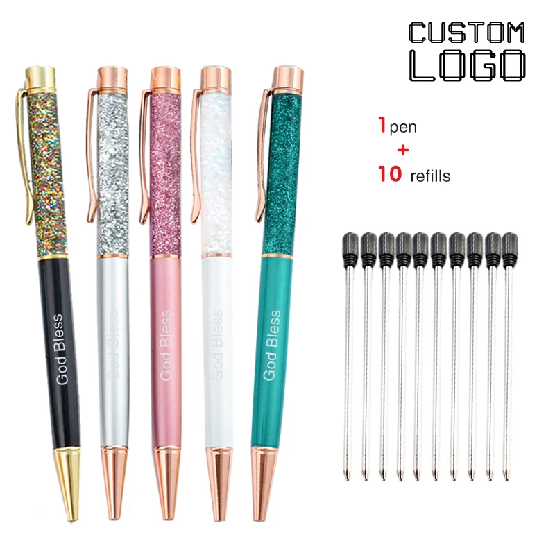 1 Pen + 10 Refills Gold Foil Metal Ballpoint Pen Lovely Crystal Oil Pen Engraved Name Logo Office School Gift Stationery Pens