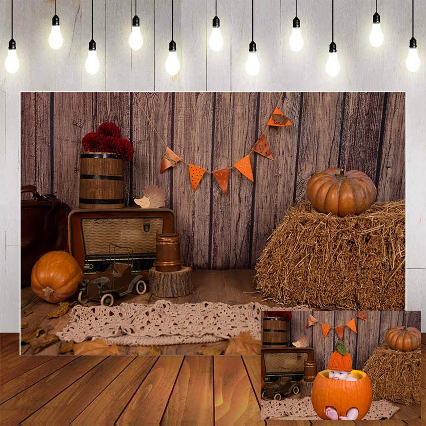 Mehofond Fall Photography Background Wooden Floor Autumn Pumpkin Barn Maple Baby Shower Kid Birthday Party Backdrop Photo Studio