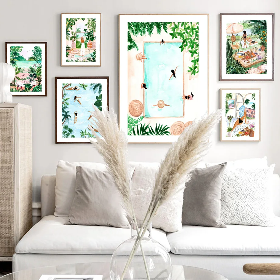 Peace Morocco Pool Party Girl Palm Banana Leaf Wall Art Print Canvas Painting Nordic Poster Wall Pictures For Living Room Decor