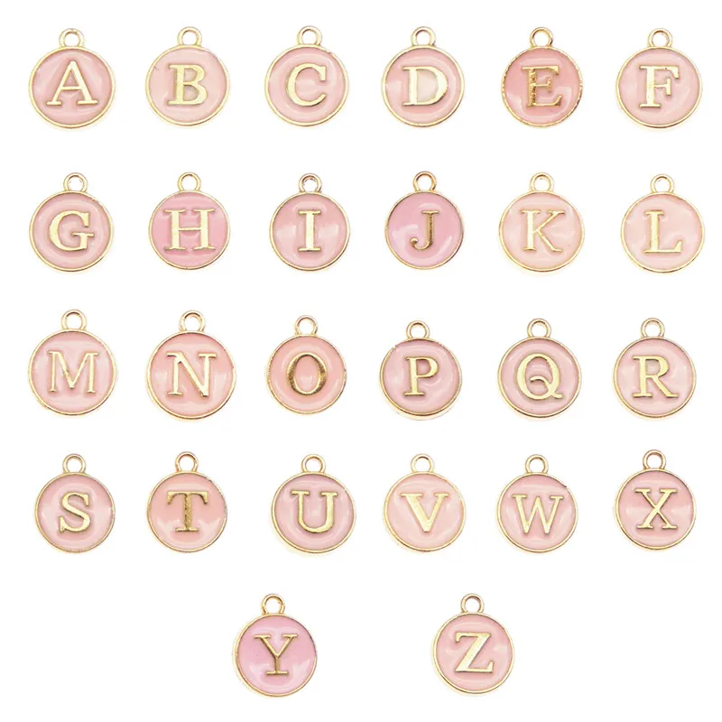 mix 26pcs Initial Alphabet Charms Letter  A-Z Letter Pink Enamel Alloy Pendant earrings necklace keychain bracelet package gift