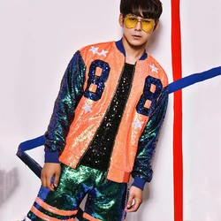 Colorful Color Sequins Jacket Pants Male Singer Jazz Costumes Nightclub Ds Dj Stage Performance Wear Hip Hop Dance Outfit XS2216