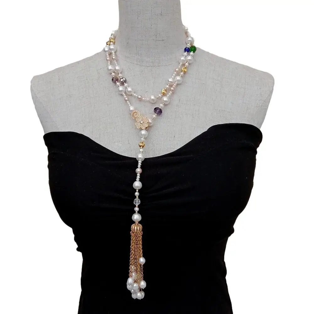 Y.YING Cultured White Pearl Long Multi Color Crystal Tassels Necklace 41\