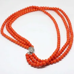 Romantic pink orange artificial coral 3 rows fashion design 6mm necklace round beads charms gift jewelry 18inch B1451