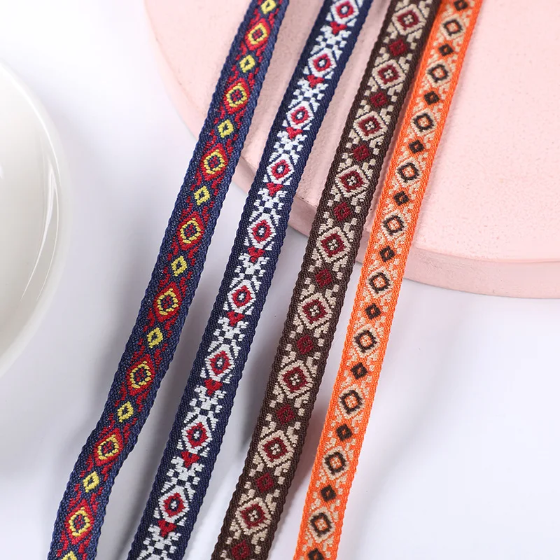 5yard Embroidery Ethnic Jacquard Webbing Woven Tape Bias Lace Trim Ribbon Band 1cm Boho Apparel Collar Shoe Hair Accessory Hmong