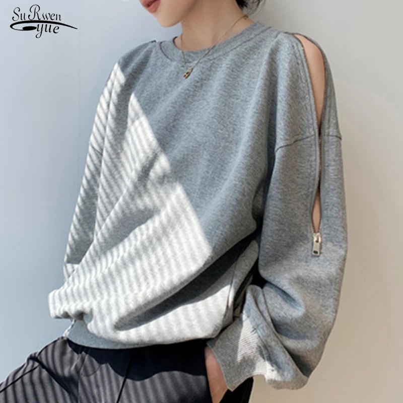 

Autumn New Ins Hot Off Shoulder Zipper Korean Loose Long Sleeve Sweetshirts Lazy Wind Wild Top Solid Pullover Cotton Coats 12188