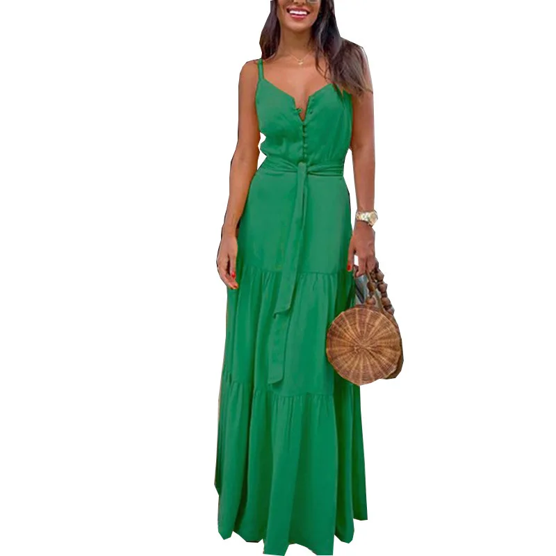 Estate Verde Tunica Maxi Vestito Con Scollo A V Robe Femme Abiti Lunghi Cintura Eleagant Ruffles Partito Della Cinghia di Spaghetti Casual Abiti Mujer