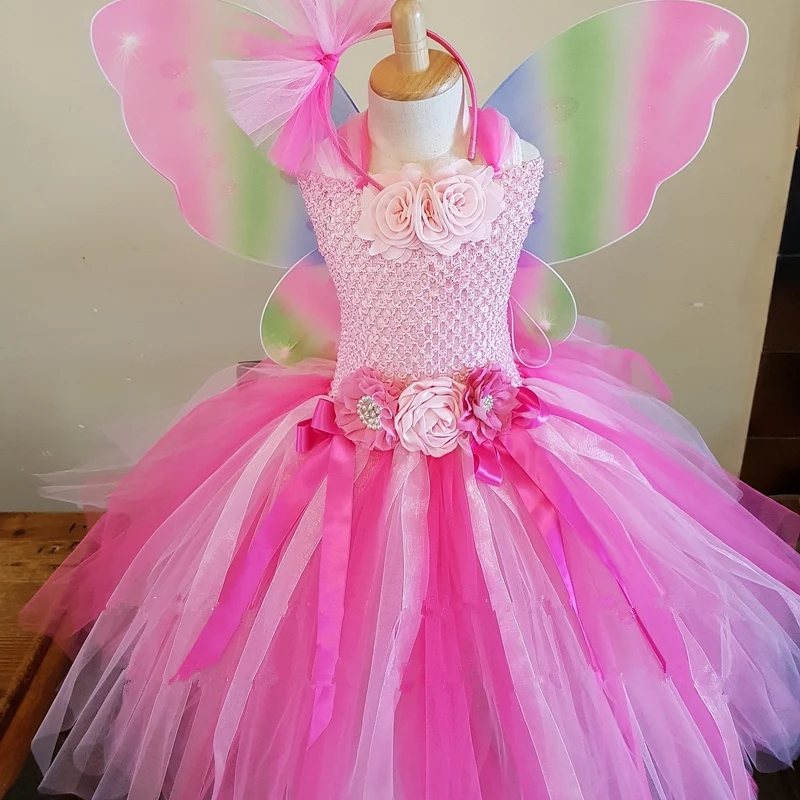 Girls Pink Flower Fairy Dress Kids Butterfly Wing Tutus Ball Gown with Hairbow Outfit Children Halloween Party Costume Dresses