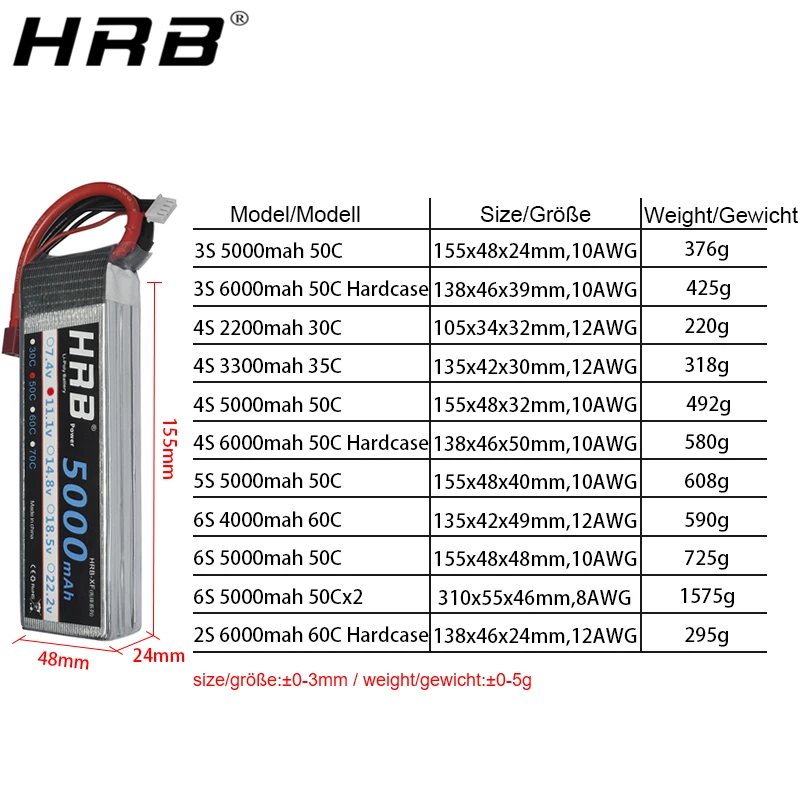 HRB Lipo Battery 3S 4S 6S 5000mah 6000mah 3300mah 2200mah 11.1v 50C lipo with XT60 deans plug for RC Car helicopter Drone Boat