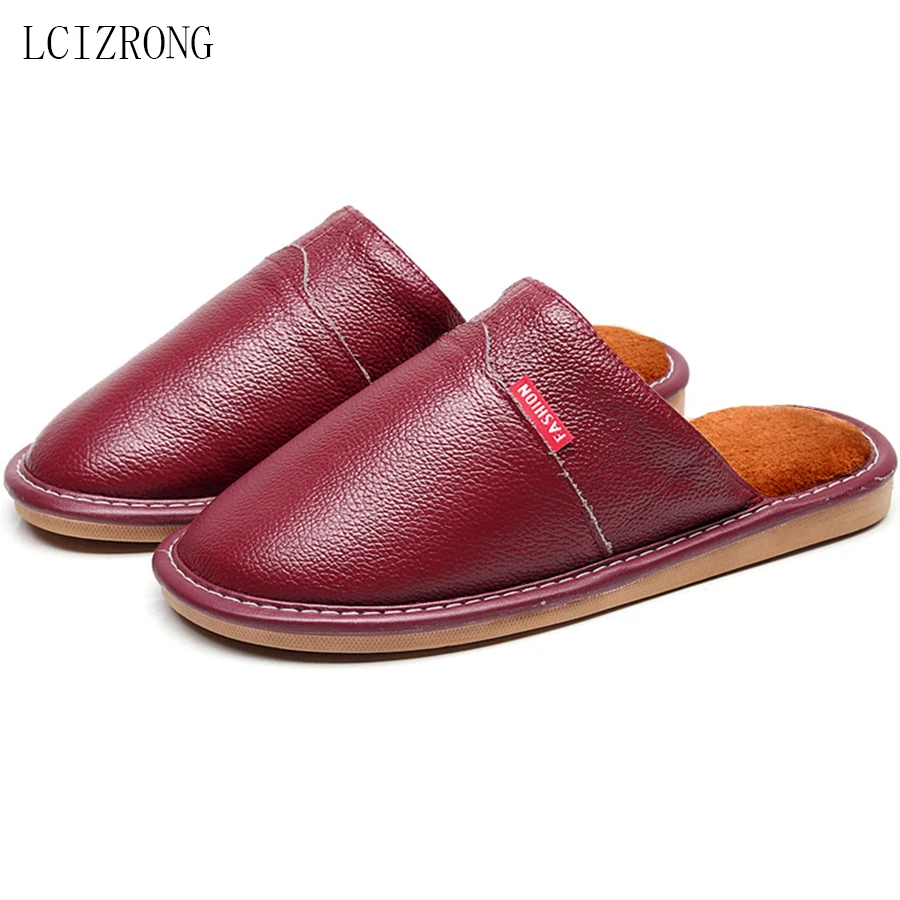 LCIZRONG Home Slippers for Women Plush Warm Woman/Men Sewing Genuine Leather Unisex Waterproof House Slippers Big Size 35-44