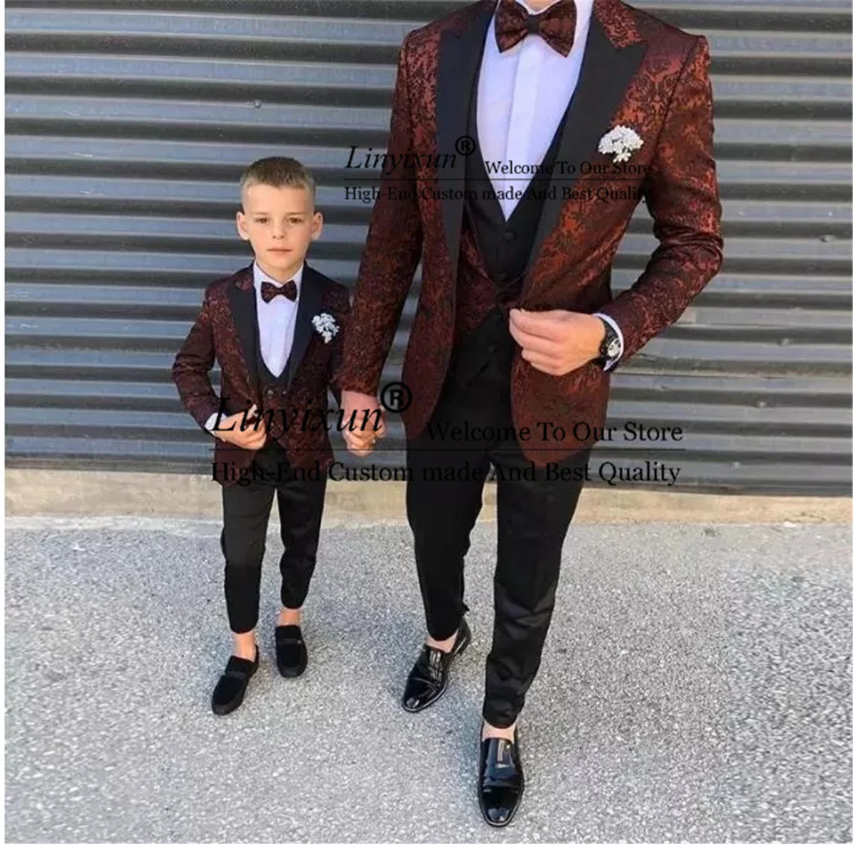 

Fashion Burgundy Pattern Mens Suits Slim Fit Groom Wedding Tuxedos Peaked Lapel 3 Pieces Set Male And Kids Prom Party Blazer