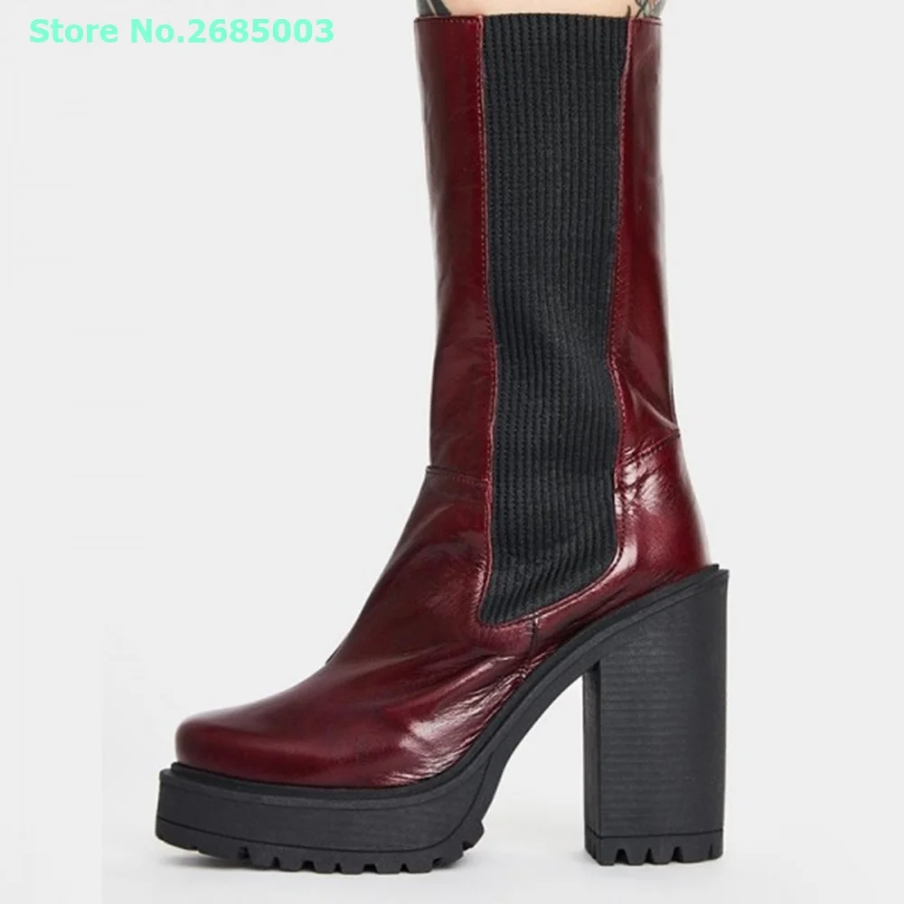 

Burgundy Oily Leather Platform Boots Pointed Toe Chunky High Heel Mid Calf Side Zipper Boots Mixed Colors Women Spring Autume