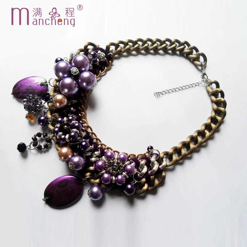 New Restoring Ancient Bronze Purple Pearl Crystal Necklace For Women Big Chunky Rope Chokers Clavicle Collar Para Mujer