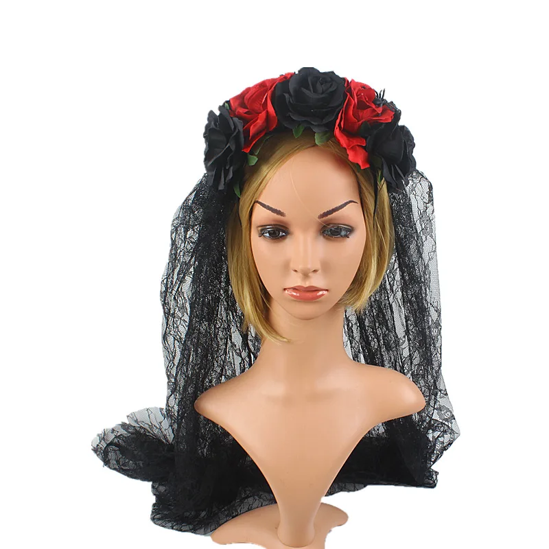 

Sugarbay Halloween Headwear Spider Party Accessories Day of Dead Headband Veil Fancy Dress Costume Black Rose Flower Hairband