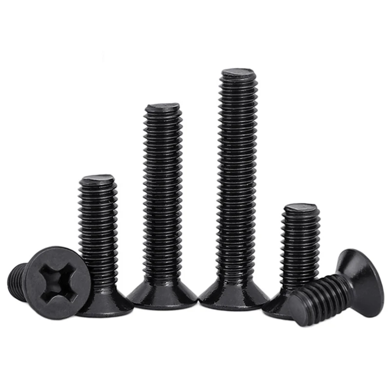 100pcs/lot  M1 M1.2 M1.4 M1.6 M1.7 M2 M2.5 M3 M3.5 M4 M5 KM Mini Small Black Steel KM Phillips Flat Countersunk Head Screw Bolt