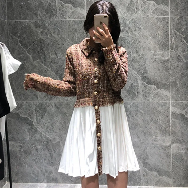 Women Fashion Fake Two Piece Patchwork Tweed Dress Long Sleeve Single Breasted Buttons Tassels Pleated Dresses Casual Mini Dress