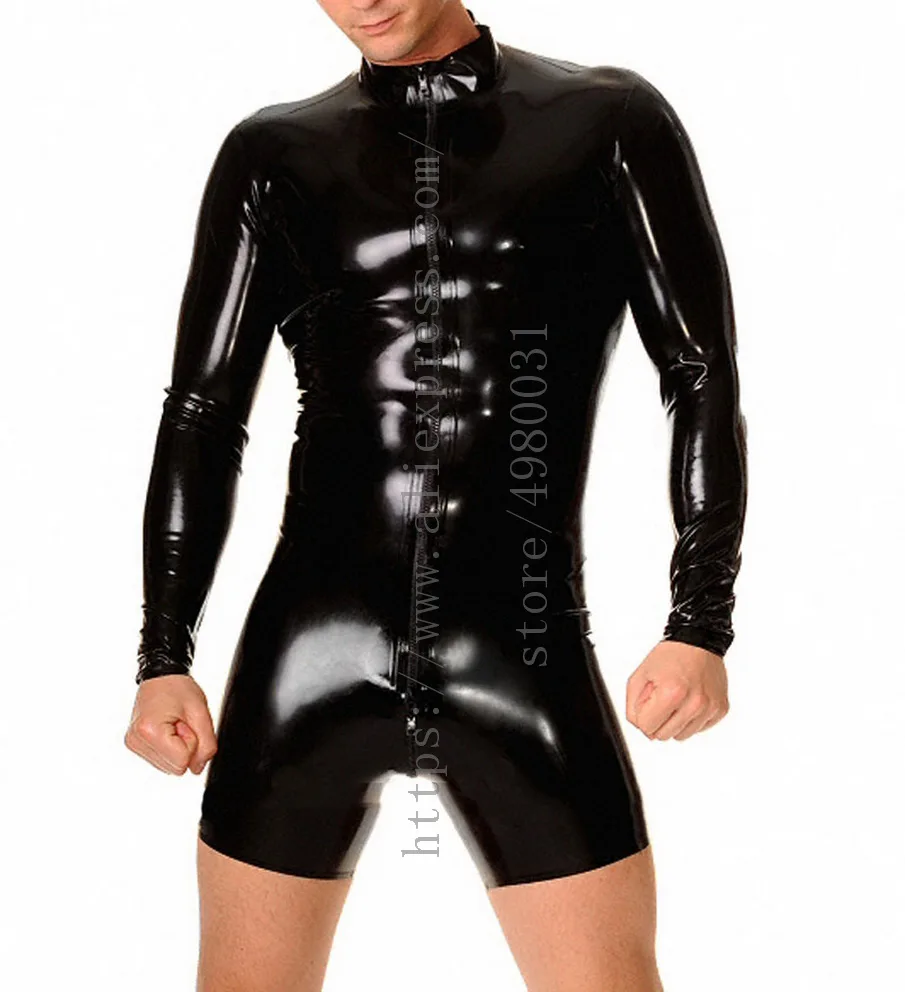 

Front zipper to back waist design catsuit men's black latex bondage bodysuit what is made of 0.4mm natural latex materials