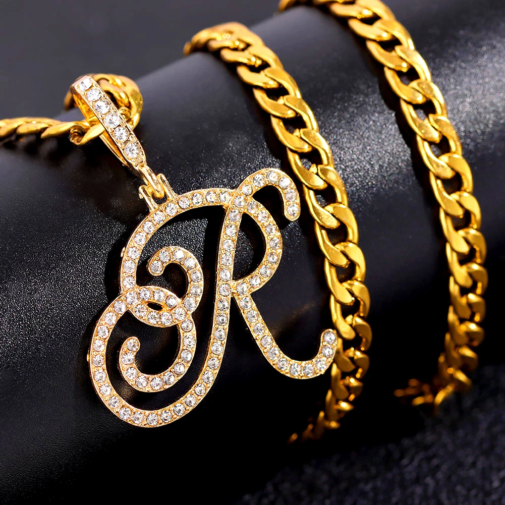 Bling Crystal Initial Cursive Letters Pendant Zircon Necklace For Women Men Stainless Steel Cuban Chain Necklace Hip Hop Jewelry