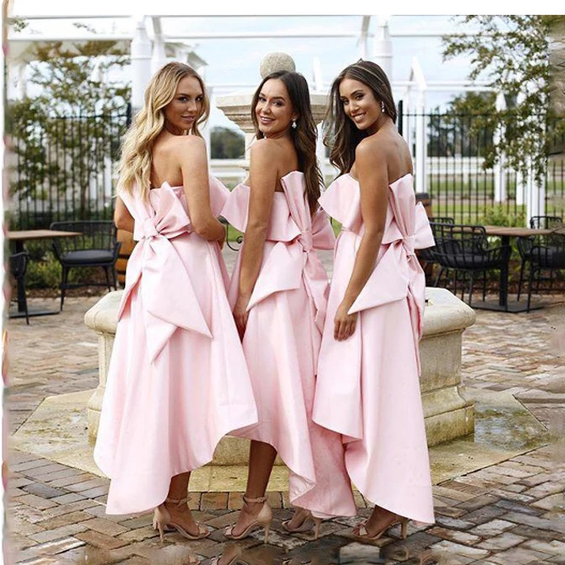 Strapless High Low Bridesmaid Party Gowns Hi-Lo Honor Of Maid Custom Made With Bow Back Spring Bridesmaids Prom Gowns Junior