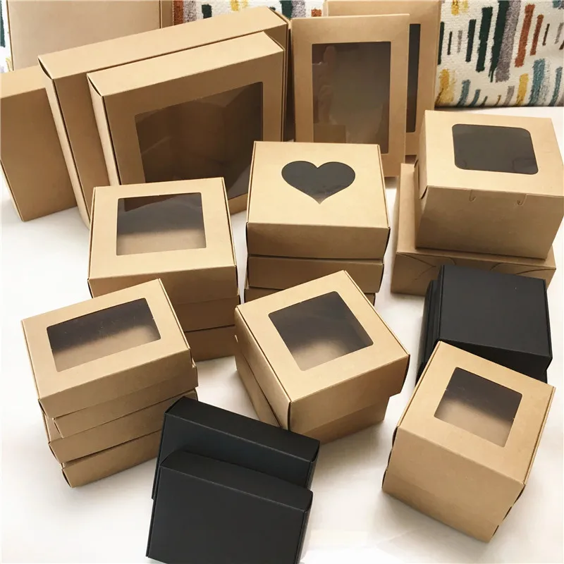 

20Pcs/Lot Kraft Paper Wedding Gift Bags With Clear Window Packing Protecting Displaying Food Gift Box Decoration Black Boxes