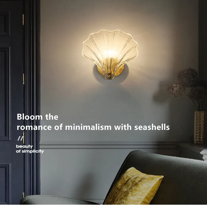 Shell Wall Lamp Light Luxury Modern Living Room Background Wall Lamp Simple Aisle Decorative Lamp Bedroom Copper Bedside Lamp