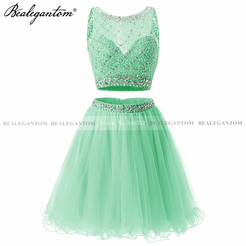 Bealegantom Twee Stukken Korte Cocktail Jurken 2021 Mini Kristallen Kralen Tulle Formele Prom Graduation Homecoming Party Gown CD108