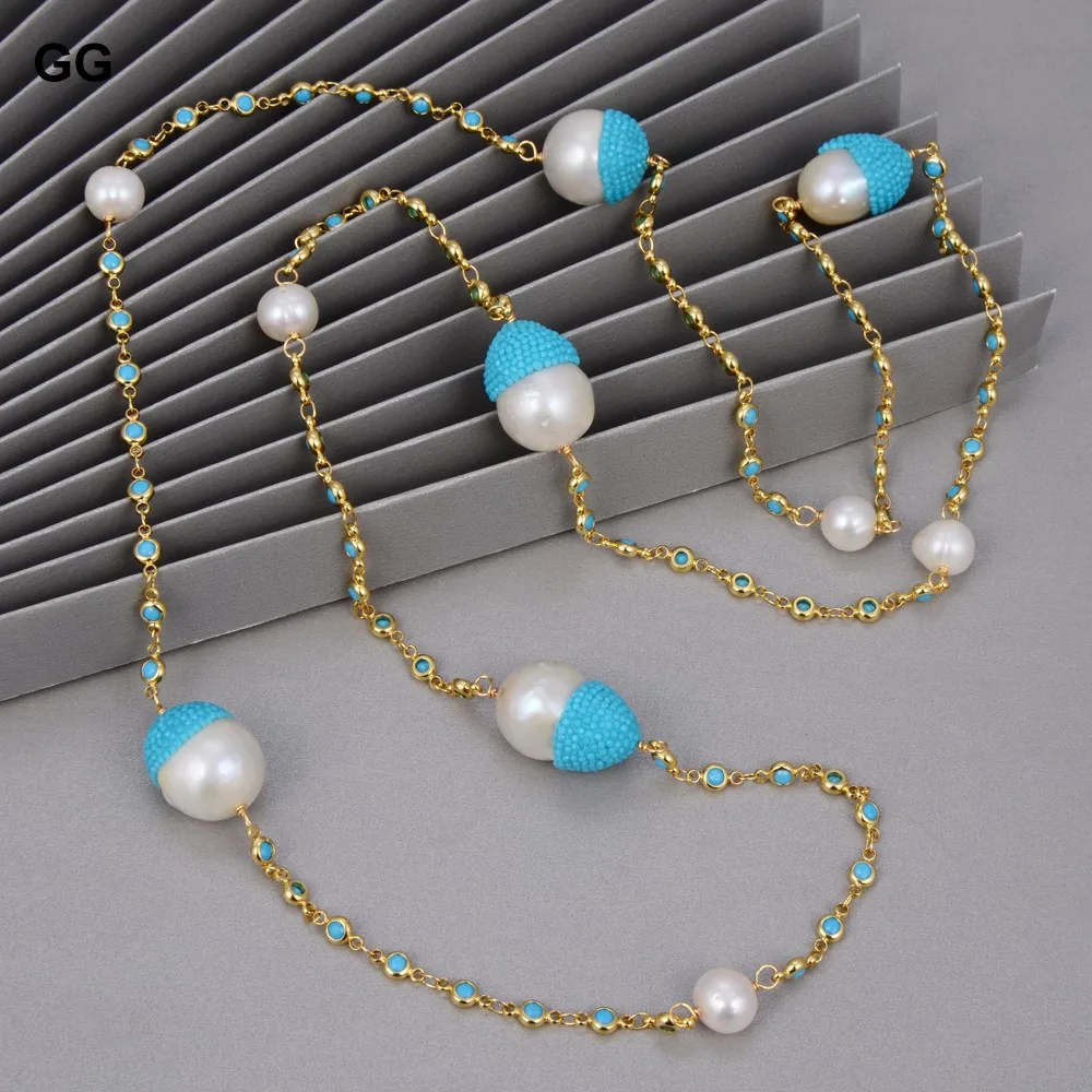 

GuaiGuai Jewelry 43" White Keshi Pearl Blue Crystal Pave Chain Long Necklace