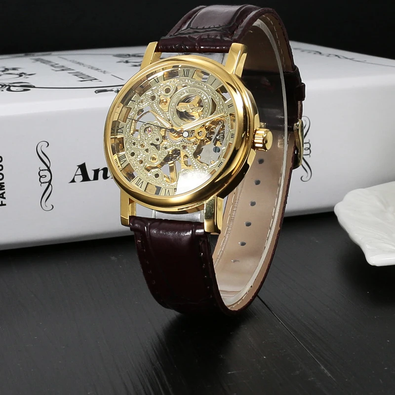 2021 Top Brand Fashion Luxury Casual Watch Winner Hollow Dial Design Clock Manual Winding Waterproof Leather Wristband Watches