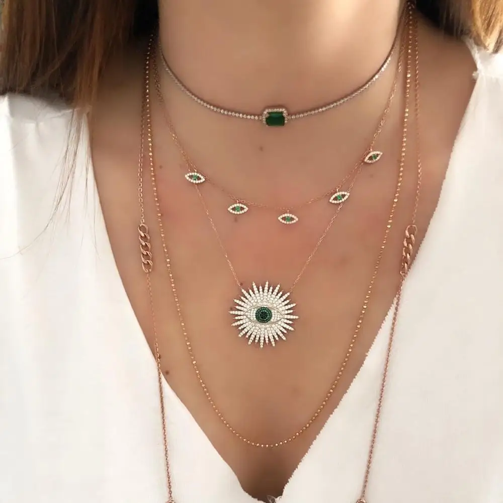 Lucky turkish evil eye women female jewelry micro pave 5A cubic zirconia geometric evil eye pendant necklace