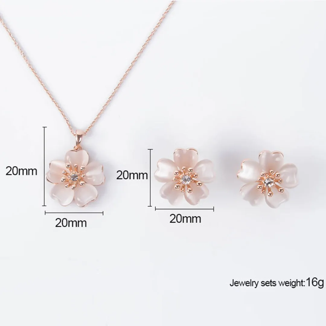 Elegant Cherry Blossom Flower Opal Pendant Necklace Earring Fashion Jewelry Set