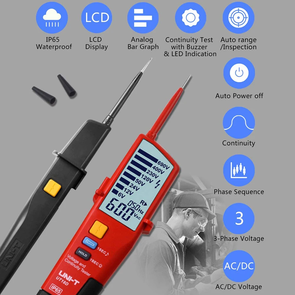 UNI-T ut18d tensão e continuidade tester-detector de tensão à prova dwaterproof água ac dc tester faixa automática com flash