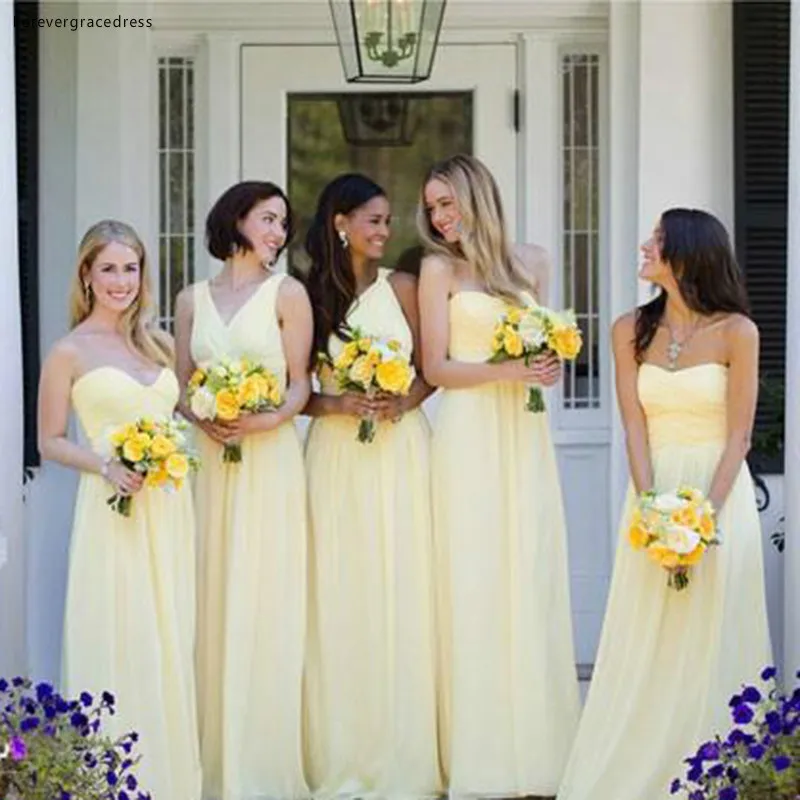 Summer Yellow Bridesmaid Dress Mixed Styles A Line Sleeveless Backless Chiffon Long Formal Maid of Honor Gown Plus Size Custom