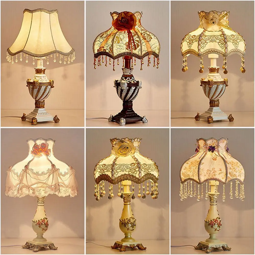 Victorian Resin Table Lamp Luxury Baroque Bedside Desk Light with Lace Fringe Rose Carving for Wedding Bedroom Home Decor