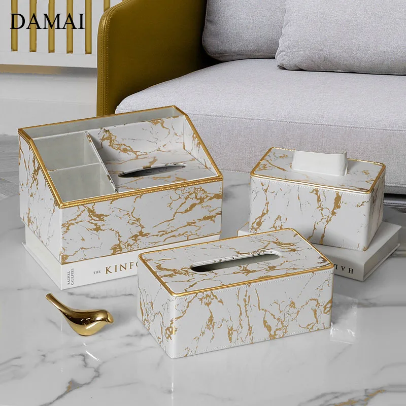 Marble Texture Leather Car Tissue Holder European Modern Gold Inlay Decorative Pumping Paper Storage Box Home Napkins Organizer