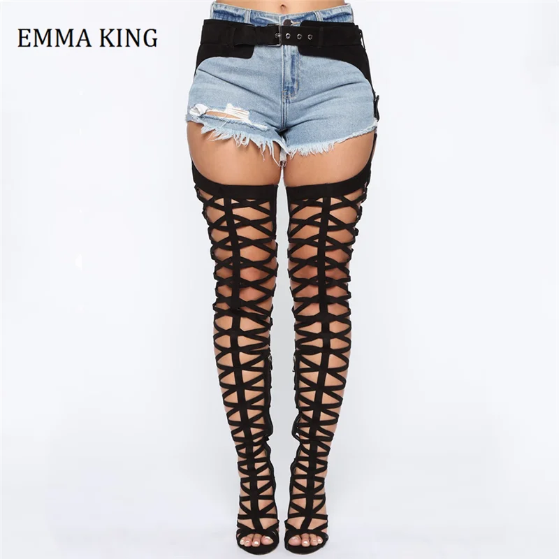 Sexy Black High Heels Gladiator Sandal Shoes Woman Peep Toe Cut Outs Thigh High Boots Summer Feminina Waist Belted Sandal Boots