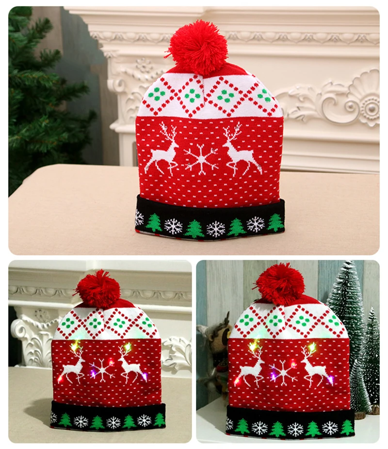 New Style! LED Christmas Hat Beanie Light Up Illuminate Warm Hat 48 Patterns New Year Snowman Sweater Hat Christmas Decorations