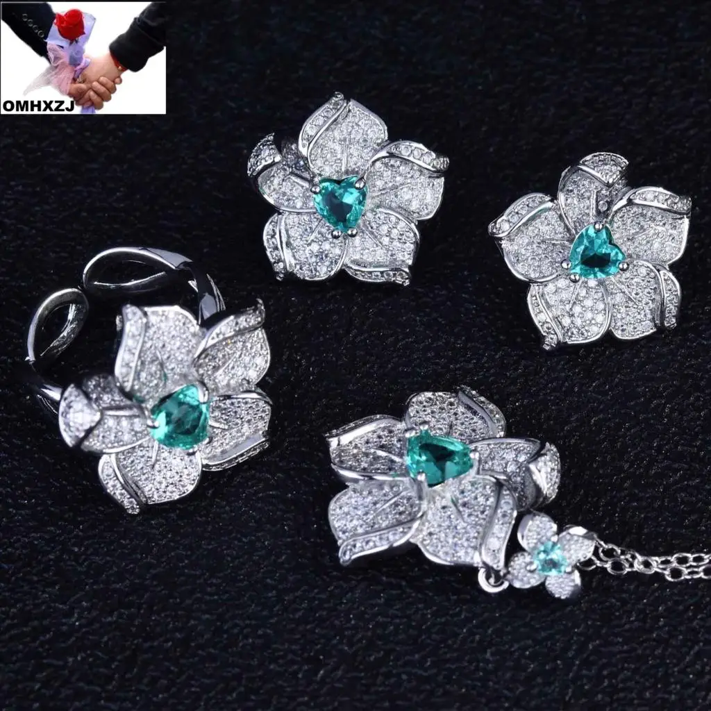 OMHXZJ EA963 Flower micro inlaid blue and green zircon earrings open ring pendant necklace women's suit