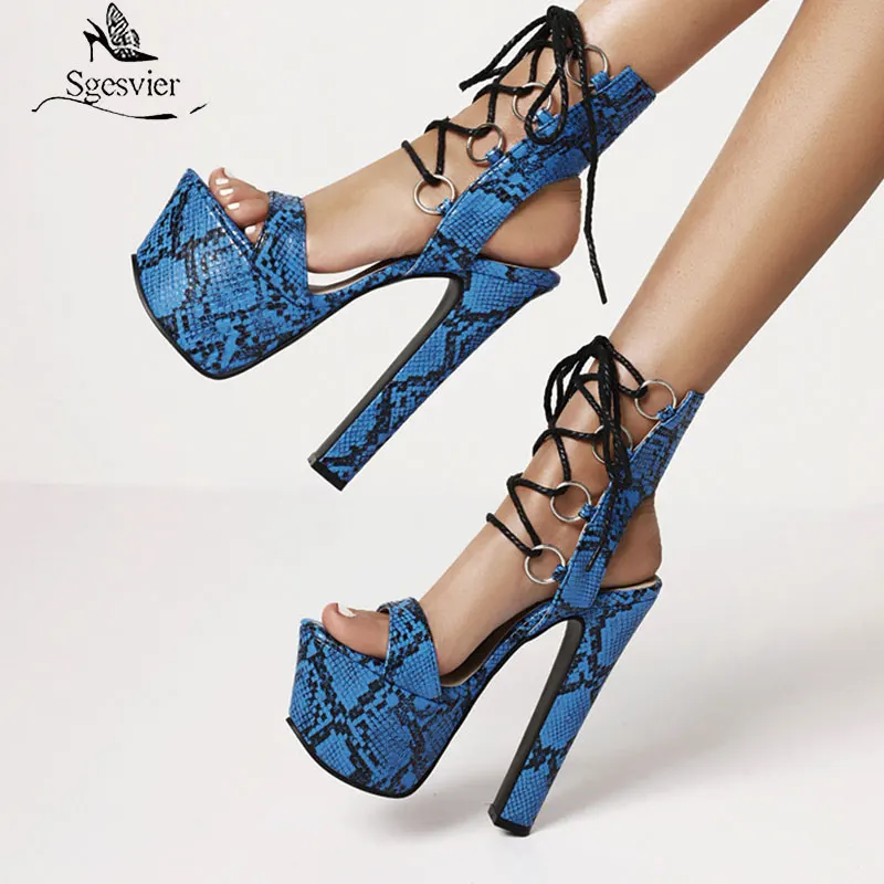 

SGESVIER 2021 Summer NEW Style Sexy 16CM High Heels Pumps Sandals Platform Cross-tied Gladiator Party Print Women Shoes Size 46