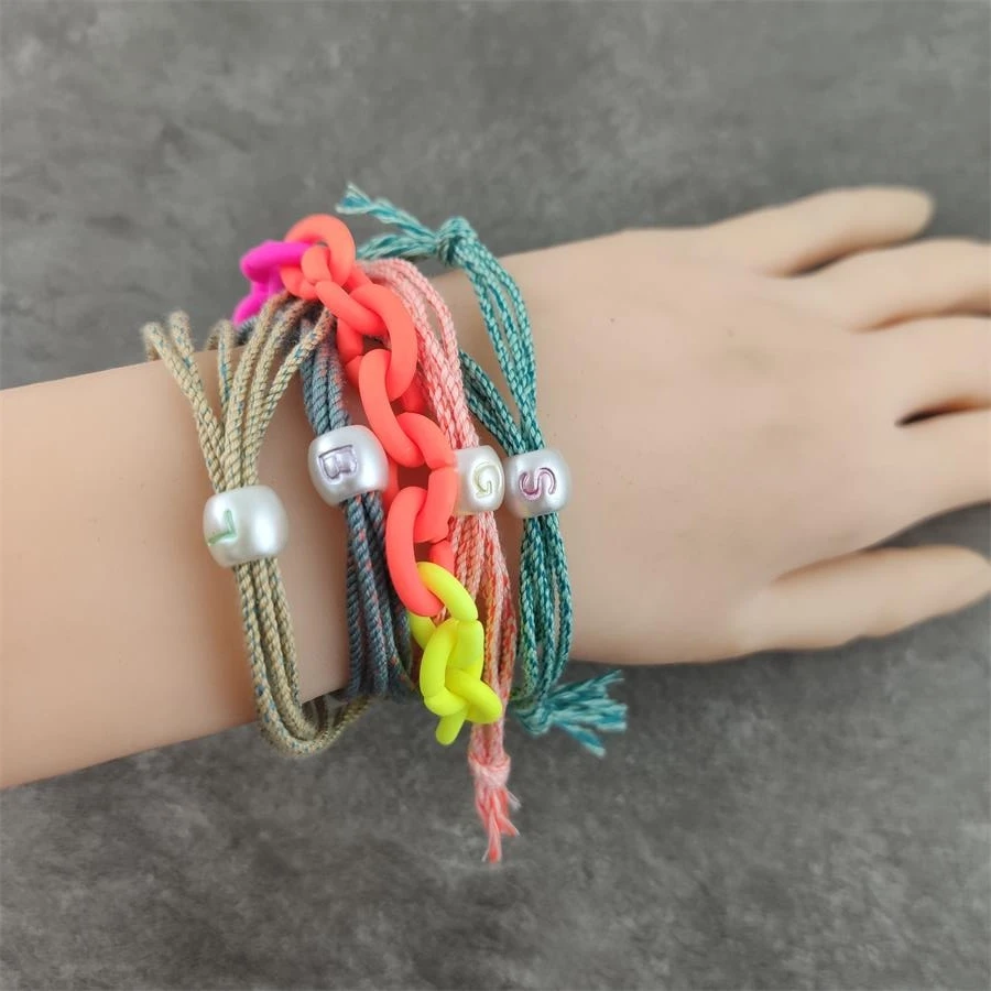 Immitation Pearl Letters Lucky Bracelets Handmade Beaded Colorful Rope Flower Elastic Rope Bracelet Girl Jewelry