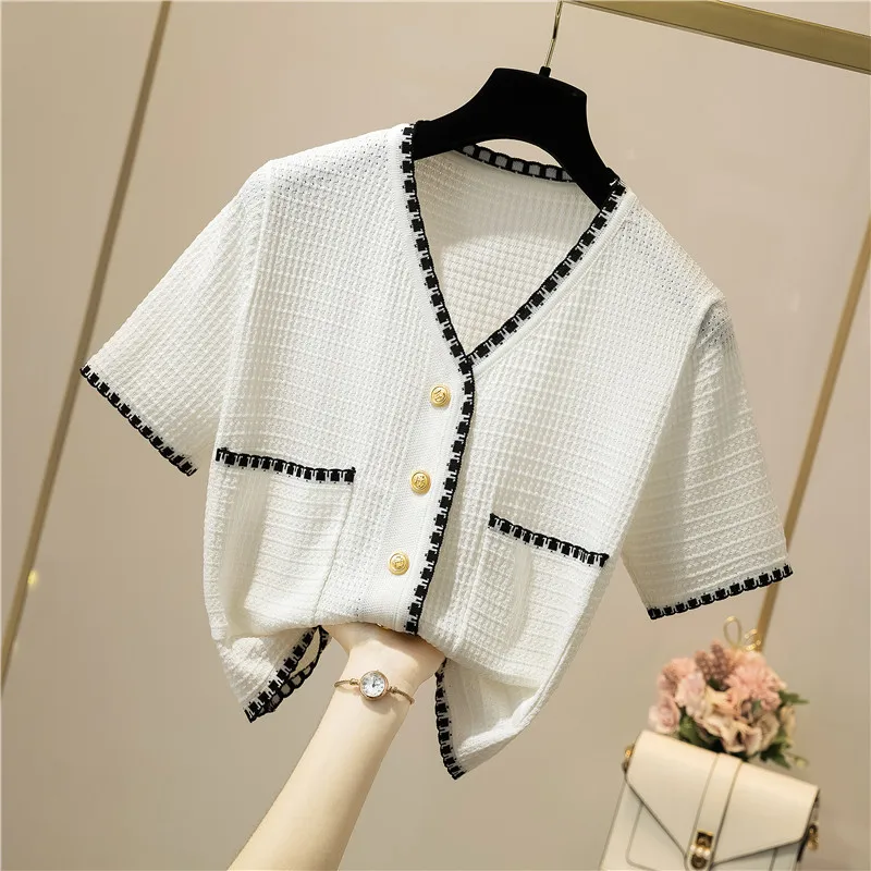 Korean Knitted Cardigan Women V-Neck Thin Crop Top Fashion Short-Sleeved Short Coat Loose Crop Tops Summer Tee Shirt Ropa Mujer