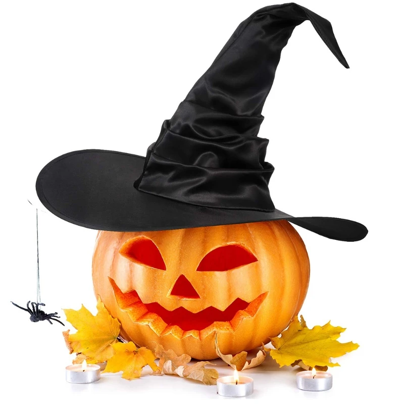 Unisex Halloween Angled Witch Hat Black Folds Wizard Hat Men Women Party Headgear Cosplay Cap Festivals Party Props Decor