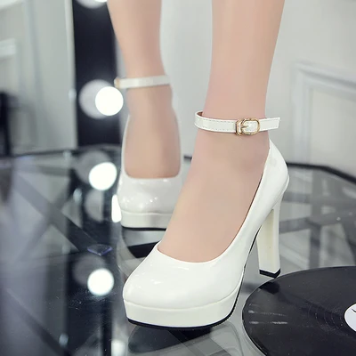 2021 Block Heel shoes White Wedding Shoes Women Pumps Platform high heels Shoes with ankle strap Ladies Office Party Dance Shoe