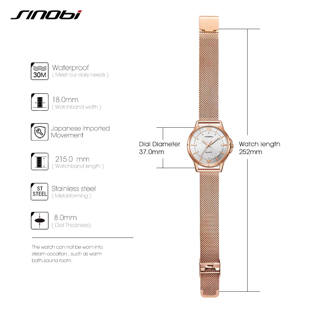 SINOBI Luxury Elegant Women Quartz Watch 37mm Dial Classic Rosegold/Silver Diamond Ladies Stainless Steel Wristwatch for Femme