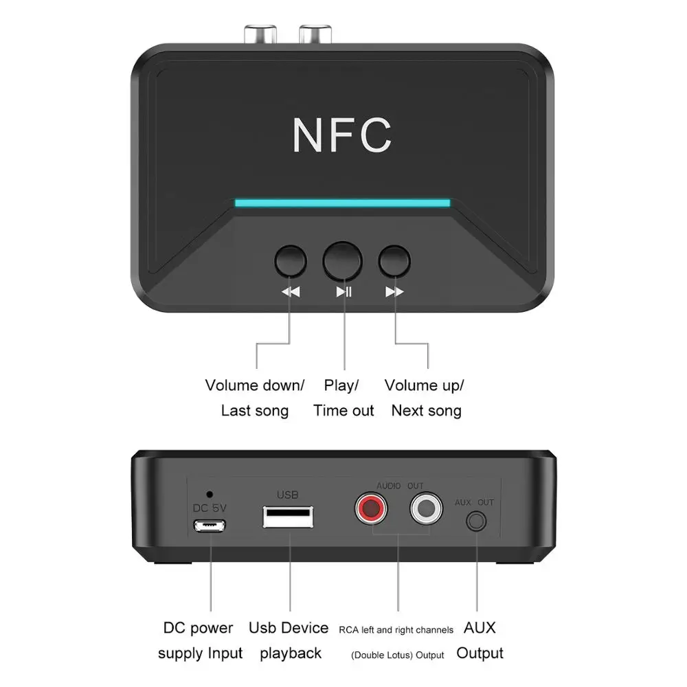 VAORLO NFC Bluetooth 5.0 EDR Recevier Wireless Audio Adapter With RCA 3.5MM AUX Jack Stereo Music Receiver For Headphone PC Car