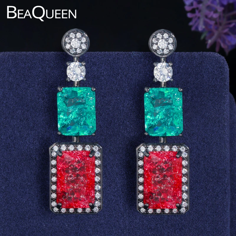 BeaQueen Newest Design Square Cut Green Red Broken CZ Crystal Hanging Drop Earring Black Gold Color Ladies Zirconia Jewelry E404