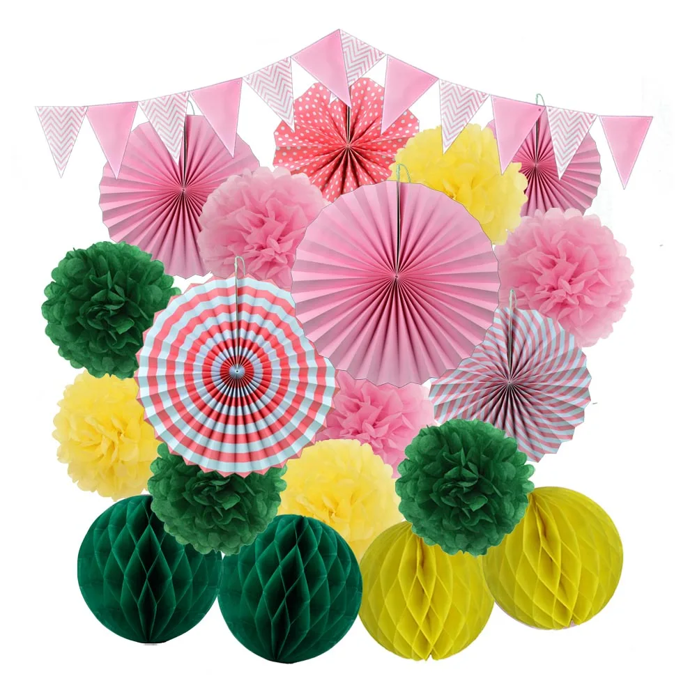 Light Blue Set Folding Paper Fans Honeycomb Banner Pompoms Kit For Wedding Ceremony Party Favor Baptism Birthday Decor