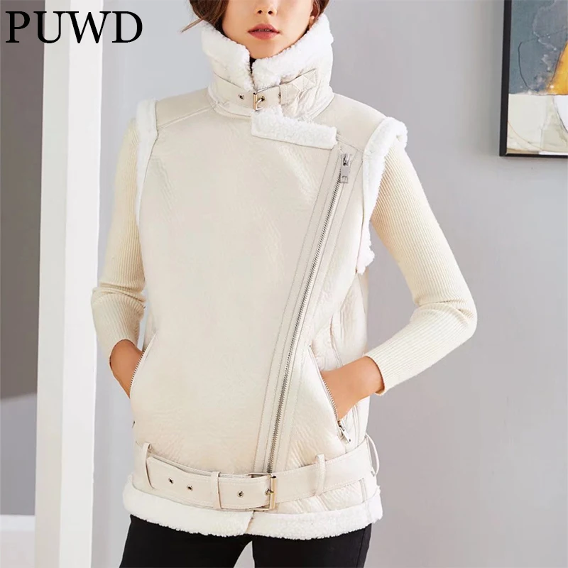 

PUWD Slim Women Faux Leather Fur Vest Jacket Winter 2021Retro Streetwear Buckle Belt Fashion Cool Warm Burrs Female Chic Outwear