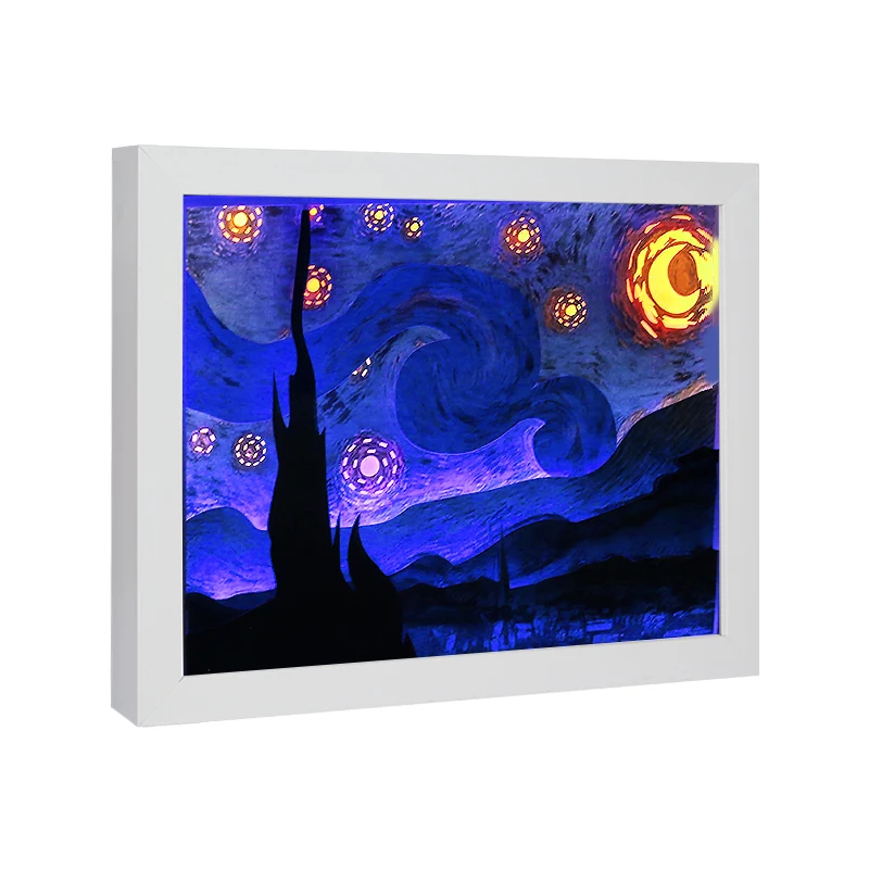 Van Gogh's Starry Sky Home Decor Desktop Picture Frames Led Lamp 3D Wall Hanging Classic Paper Cut Art Light Painting Shadow Box