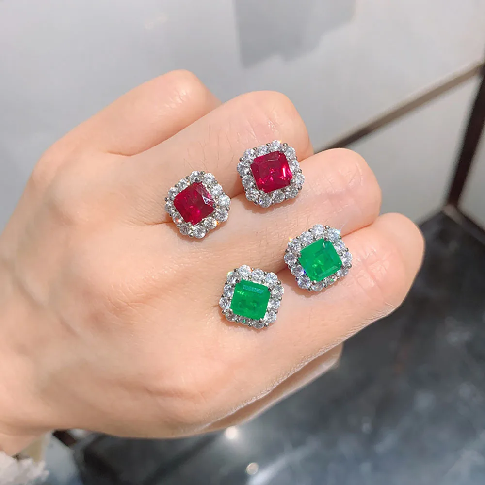 KNRIQUEN Gemstone Emerald Ruby Stud Earrings for Women Lab Diamond Fine Jewelry Vintage Party Accessories Female Gift Wholesale